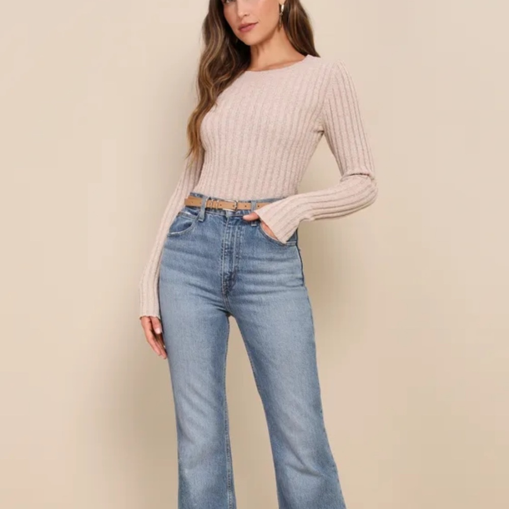 Lulus Effortless Outing Taupe Textured Ribbed Crew Neck Sweater Top